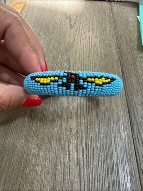 Vintage Thunderbird Turquoise, Yellow & Black Seed Beaded Bangle Bracelet